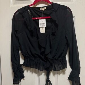 Forever 21 Black Ruffle-Front Sheer Tie Blouse